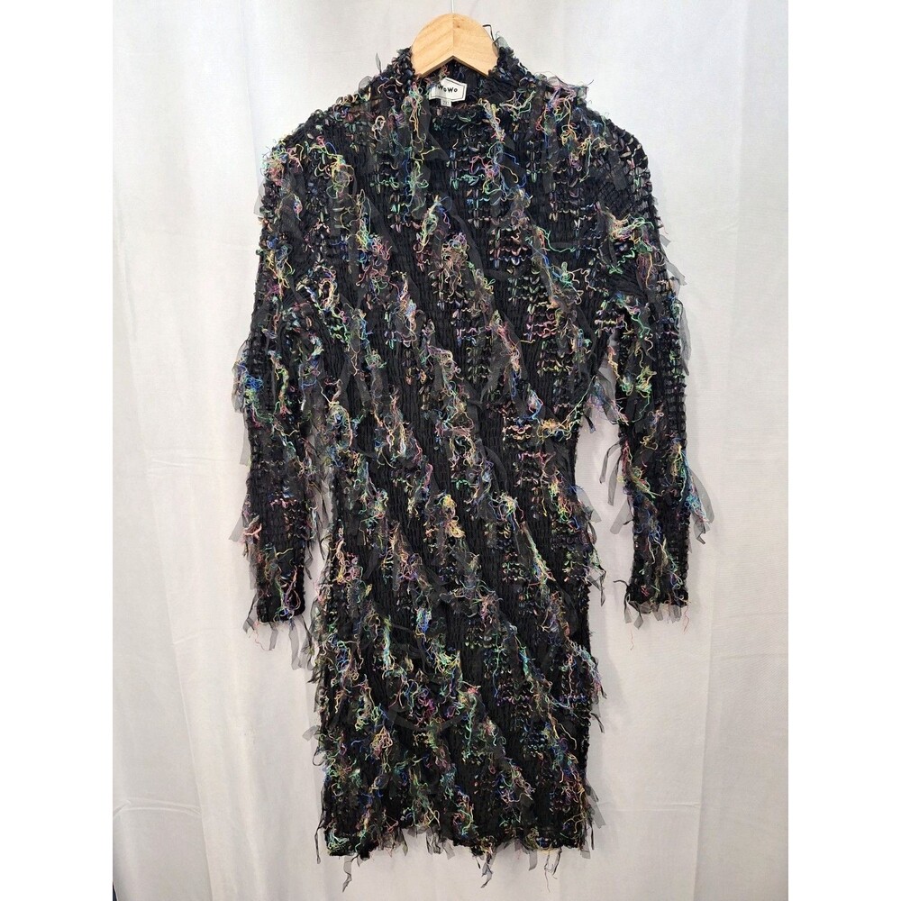 WoWo Brand Black Fringe Mesh High Neck Midi Dress Sz 2X Sheer Whimsigoth Fairy